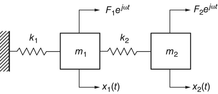 Schematic illustration of harmonically forced two-degree-of-freedom system.