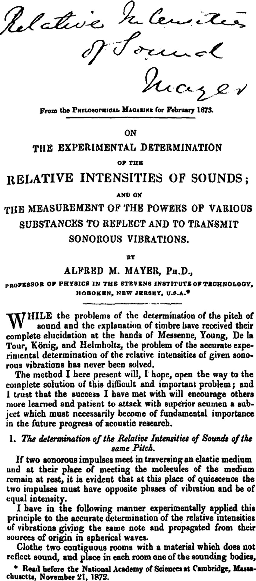 Schematic illustration of Rayleigh's copy of Mayer's paper on sound intensity.