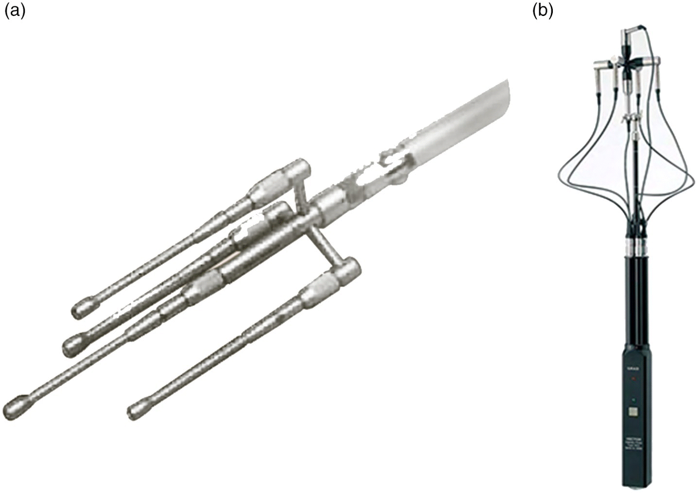 Schematic illustration of three-dimensional sound intensity probe for vector measurements; (a) Ono Sokki, Japan; (b) G.R.A.S. Sound and Vibration, Denmark.