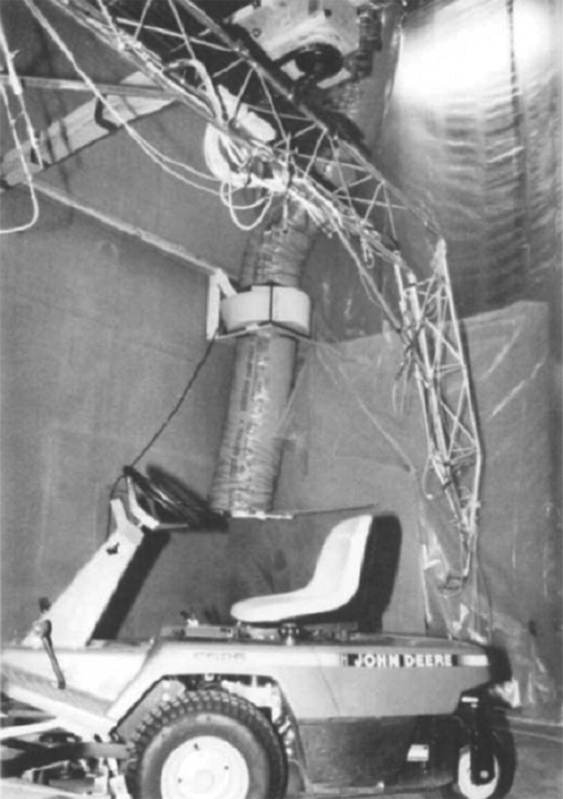 Photo depicts garden tractor used for tests of gated sound power.