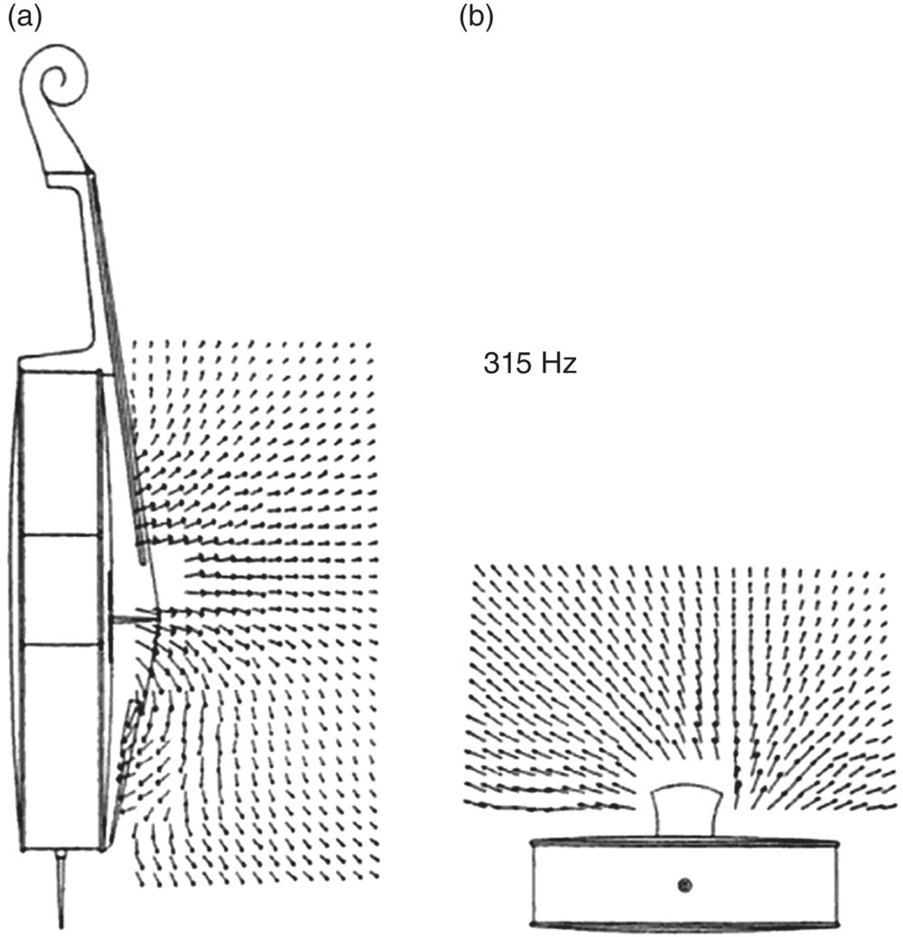 Schematic illustrations of sound intensity vectors measured in two planes near a violoncello producing a note having a fundamental frequency of 315 Hz. (a) in a plane on the axis and (b) in a plane intersecting the bridge.