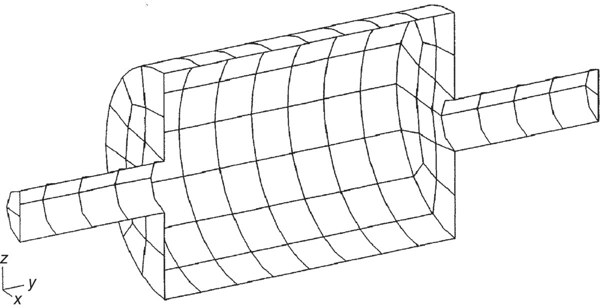 Schematic illustration of boundary element mesh for a simple expansion chamber muffler.