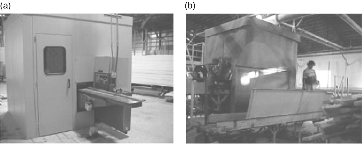 Photos depict (a) the use of complete panel enclosure for molder noise and (b) use of mass-loaded vinyl curtains to control rip saw noise.
