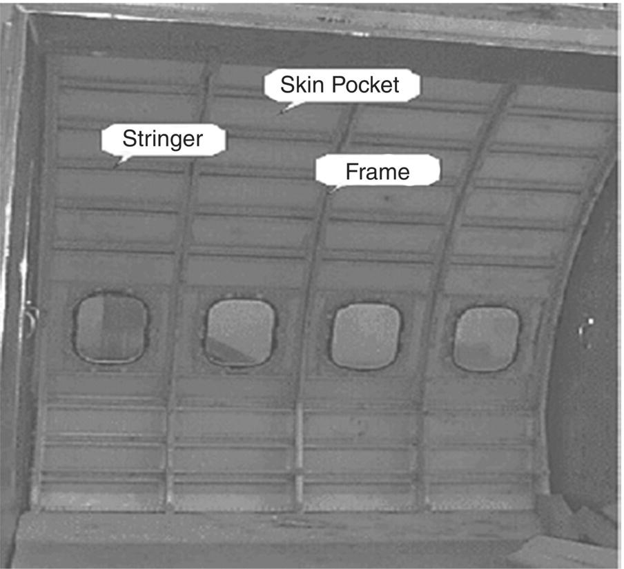 Schematic illustration of the interior of fuselage skin showing pockets between the stringers and ring frames.