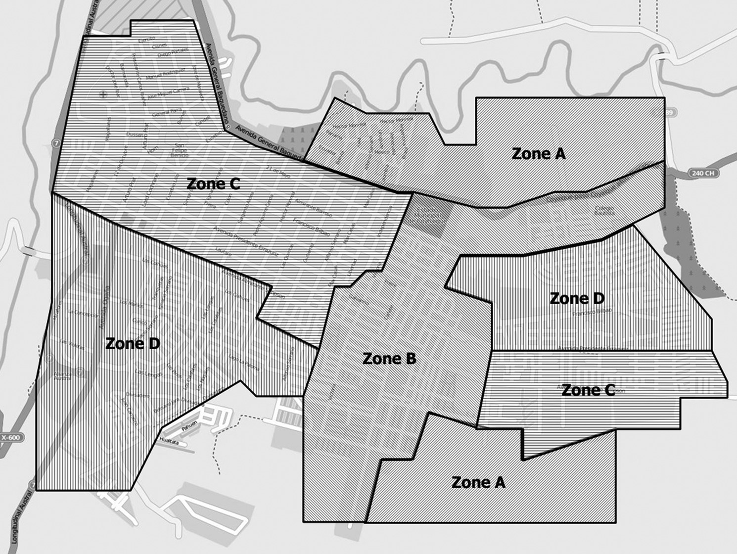 An illustration of a map depicting the definition of four zones according to a city plan and the corresponding use of land.