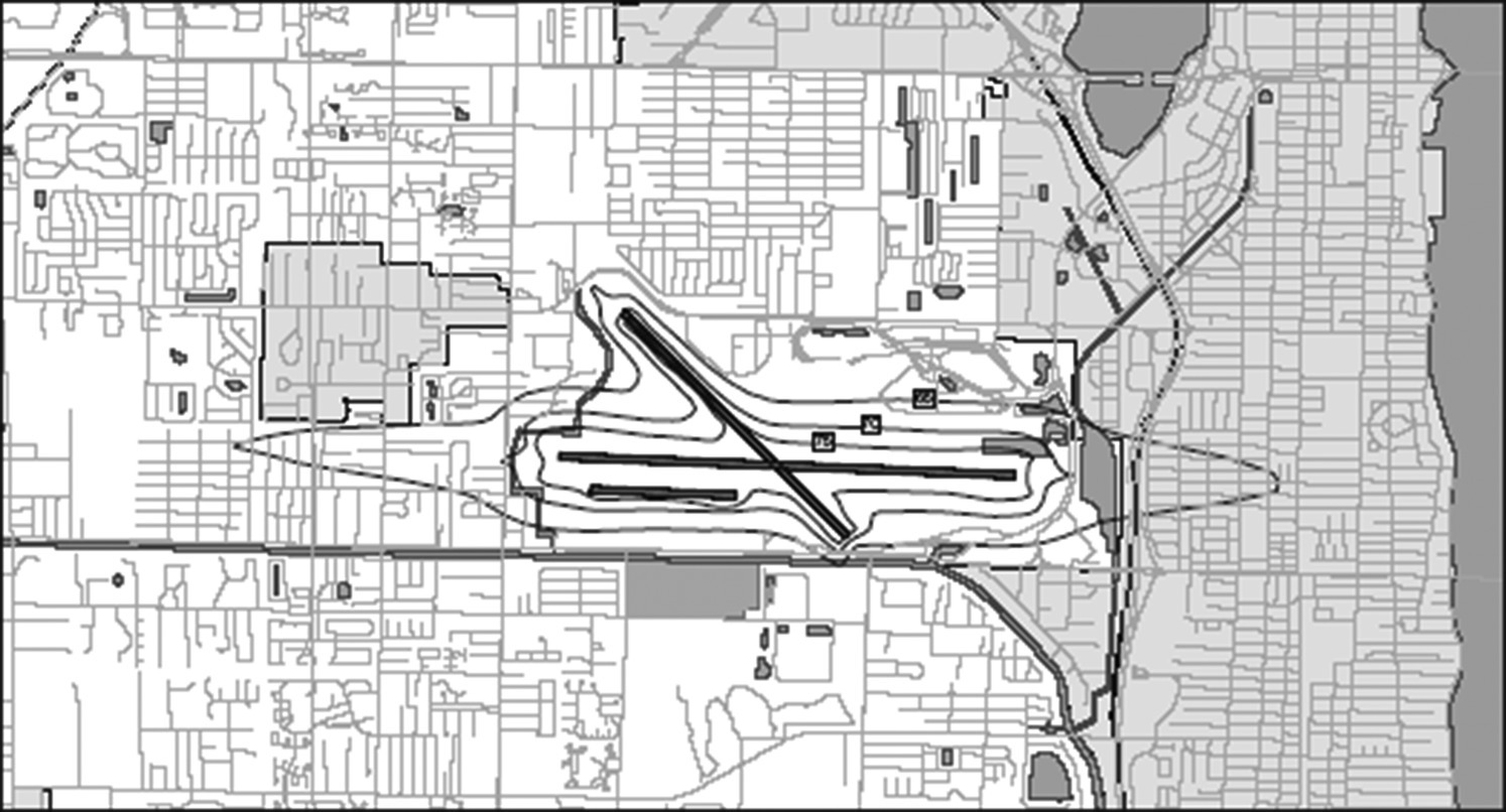 An illustration of a map depicting typical noise contours for an airport.