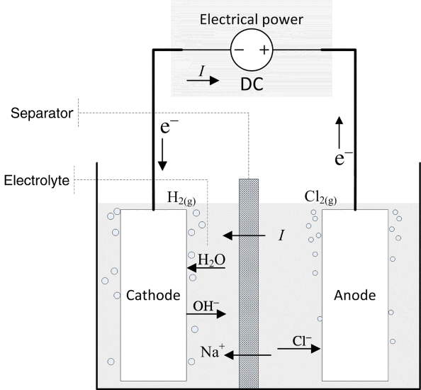 A schematic diagram depicting electrochemical cell for the chlor-alkali process.