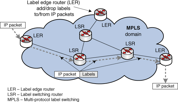 MPLS network architecture displaying 3 LERs and LSRs in the MPLS domain (cloud shape) and arrows indicating IP packet from 1 LER to another.