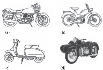 Figure shows four single track motor vehicles.