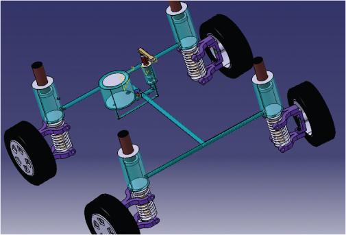 Figure shows a 3D view of hydraulic suspension vehicle whose major parts are: pedal, main cylinder, piston, actuator cylinder, plunger, reservoir cylinder, spring and ball valve.