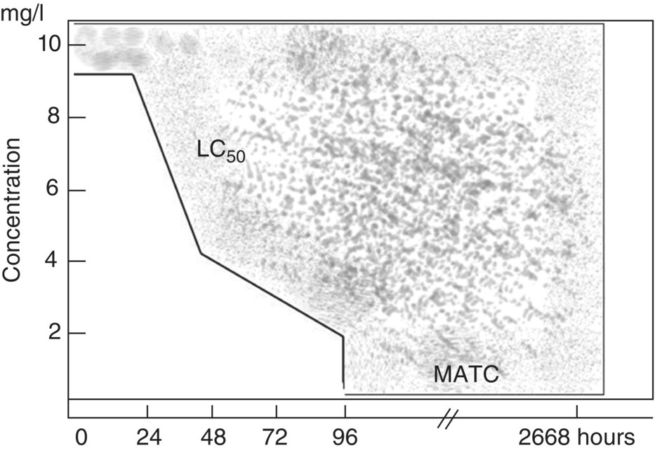 Graph displaying a descending curve for LC50 and shaded portions for MATC.