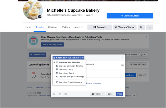 Snapshot of Selecting where you want to share your event.