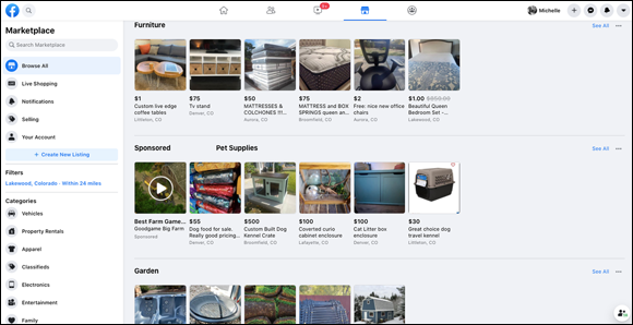Snapshot of Facebook Marketplace is the classified ads section of the social media platform.