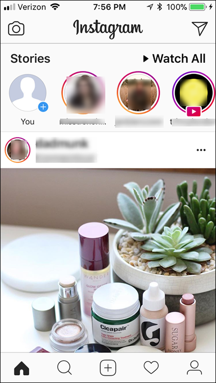 Snapshot of instastories display at the top of the screen.