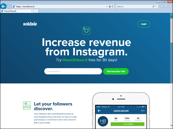 Snapshot of Have2Have.it lets you link your account to an Instagram marketplace.