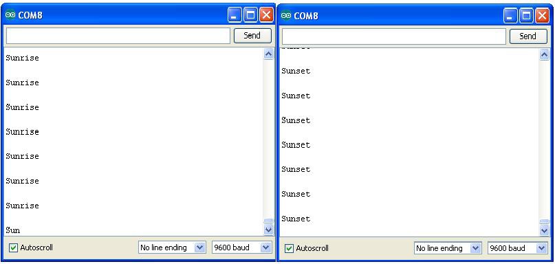 Serial Monitor displaying “Sunset” and “Sunrise” messages