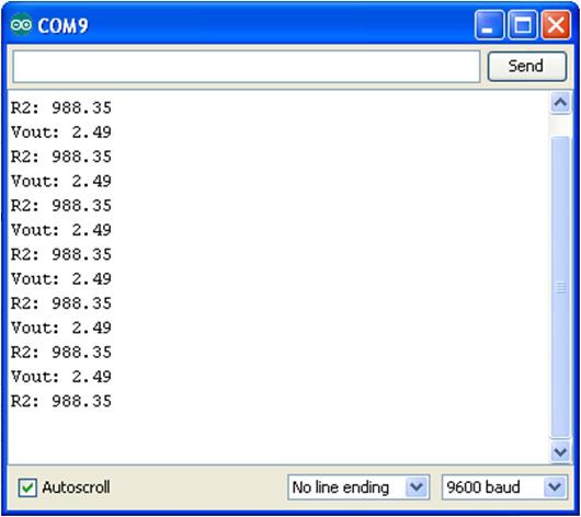 R2 and Vout measured and displayed on the Serial Monitor