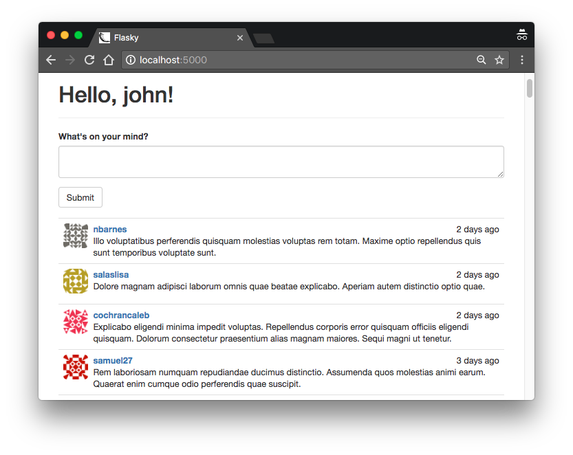 Home page with blog submission form and blog post list