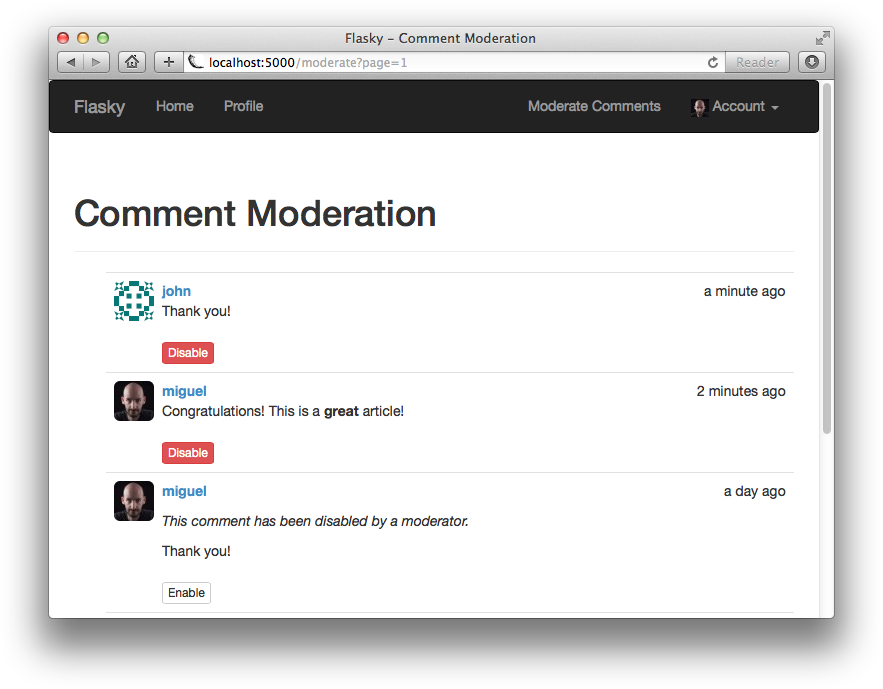 Comment moderation page.