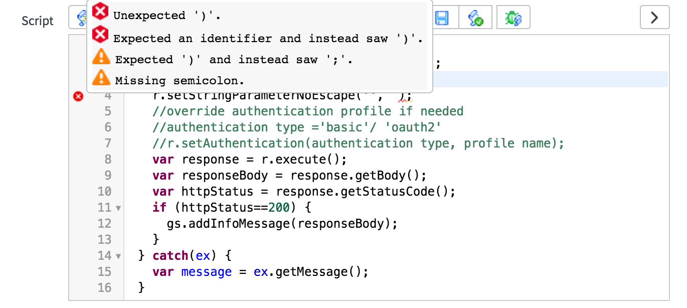 Script syntax error checking - ServiceNow Application Development [Book]