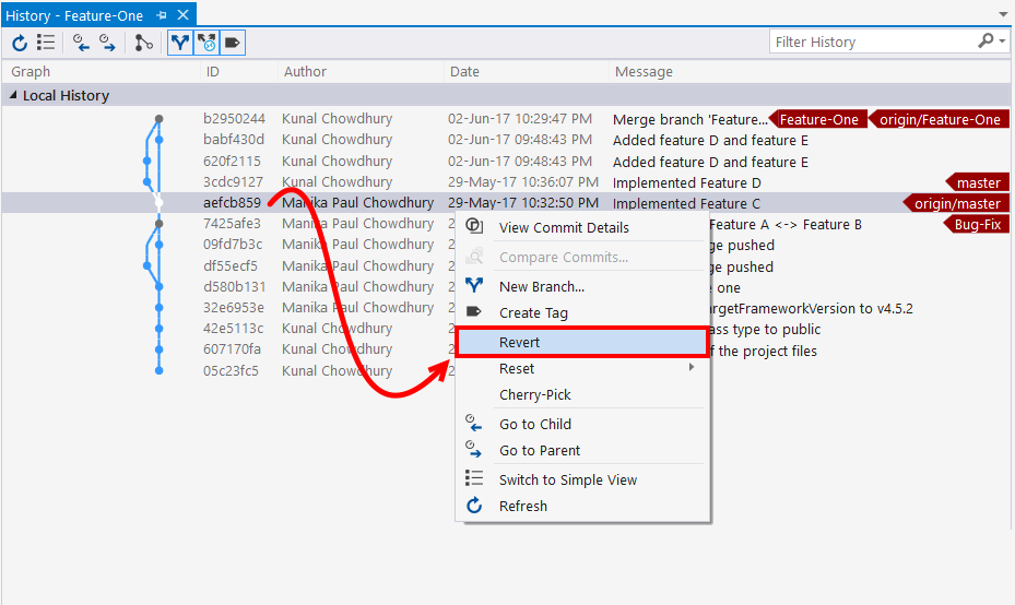 Reverting changes from remote branch - Mastering Visual Studio 2017 [Book]
