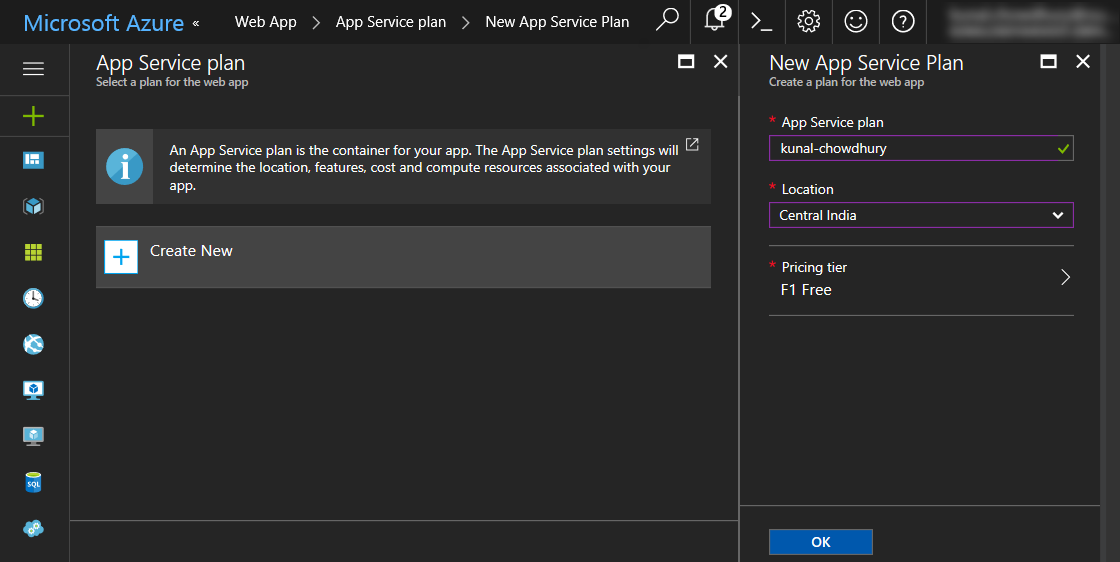 Creating an App Service plan - Mastering Visual Studio 2017 [Book]