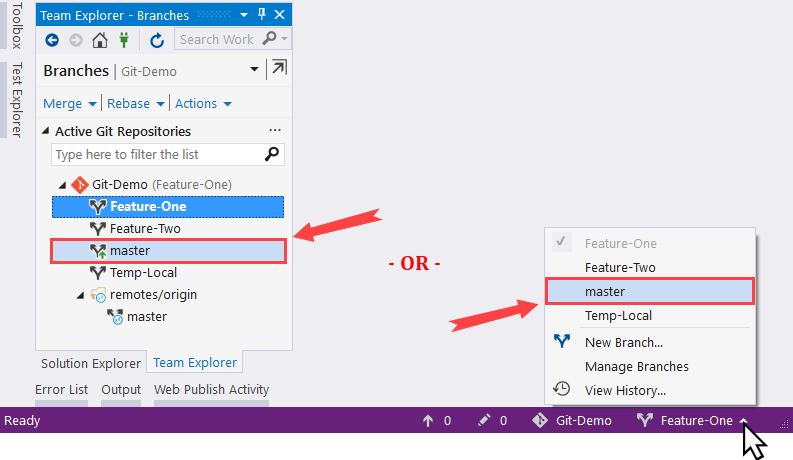 Switching to a different branch - Mastering Visual Studio 2017 [Book]