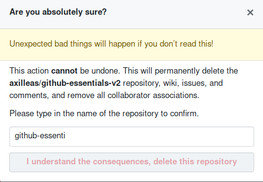 Deleting a repository - GitHub Essentials - Second Edition [Book]
