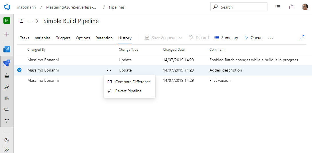 The History tab - Mastering Azure Serverless Computing [Book]