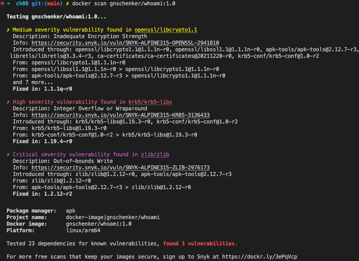 Figure 8.8 – Scanning the gnschenker/whoami:1.0 Docker image