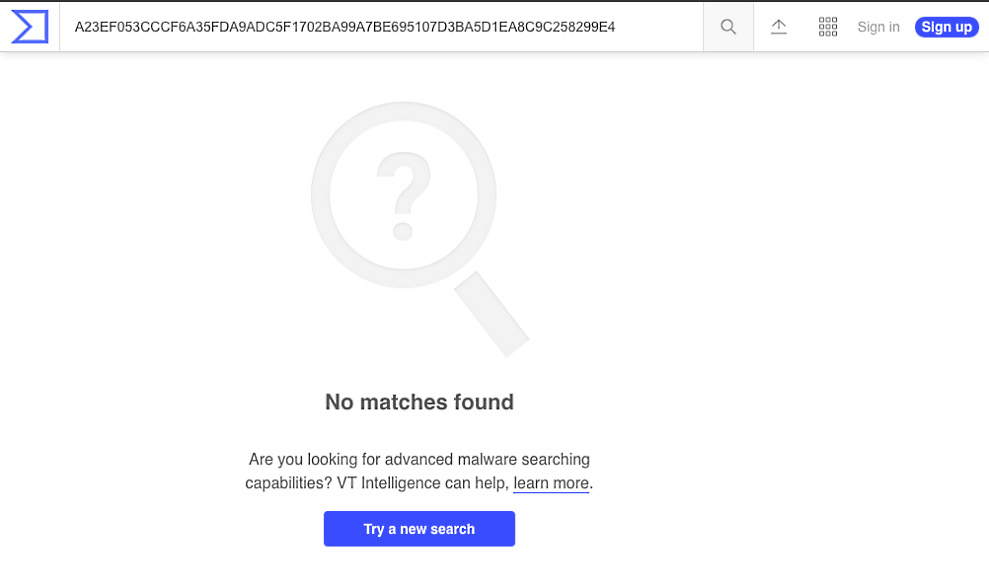 Searching for the Qakbot hash yields no results!