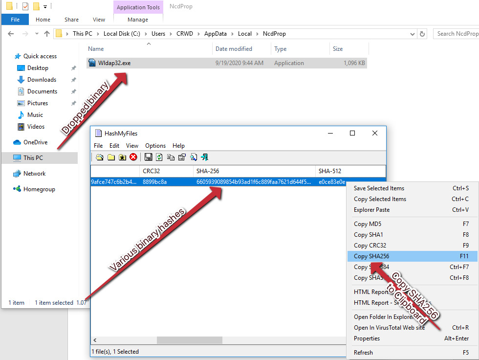 The HashMyFiles interface and SHA256 of our dropped binary process